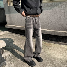水洗做旧扎染灰色牛仔裤潮流男女微喇vibe风宽松休闲直筒垂感长裤，男装休闲裤，星座1013