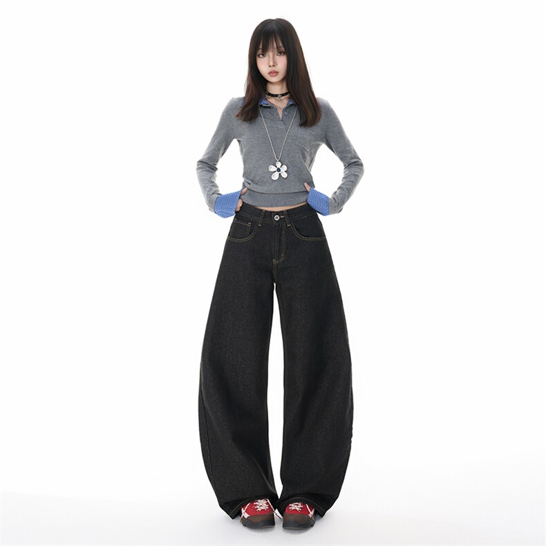 美式阔腿牛仔裤男女2025新款自然腰宽松显瘦拖地弯刀裤YD9057-P60,男装牛仔裤,星座509