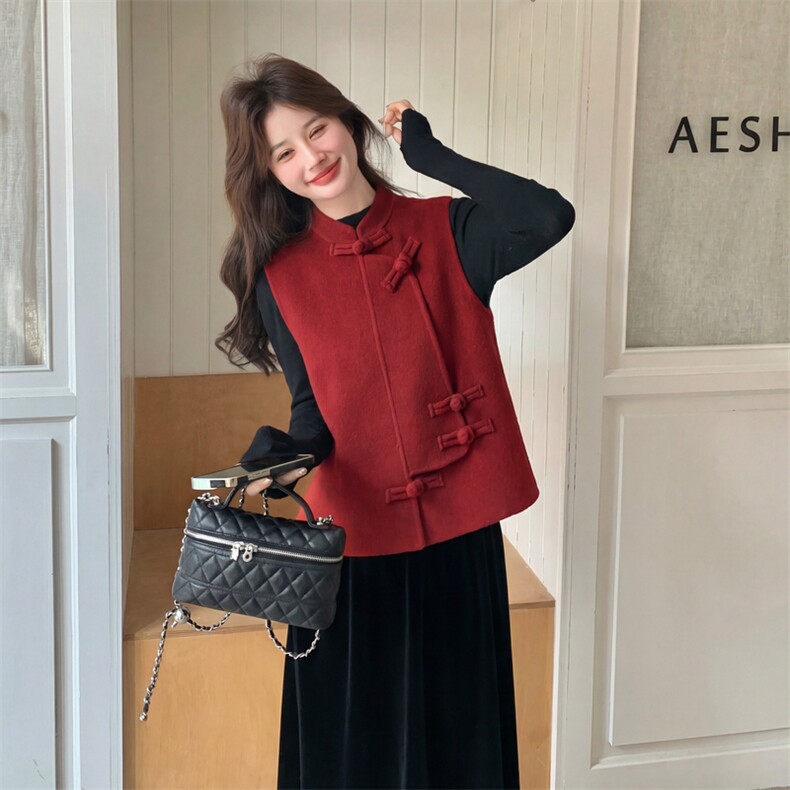 现货主推新款年货中式复古盘扣双面羊毛呢马甲p165-k248，女装马甲，丝露依尚（原SL）