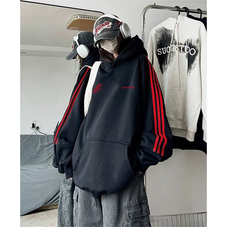 抖音得物高品质480克全棉加绒加厚宽松织带连帽印花卫衣A2305,男装卫衣,电商A443