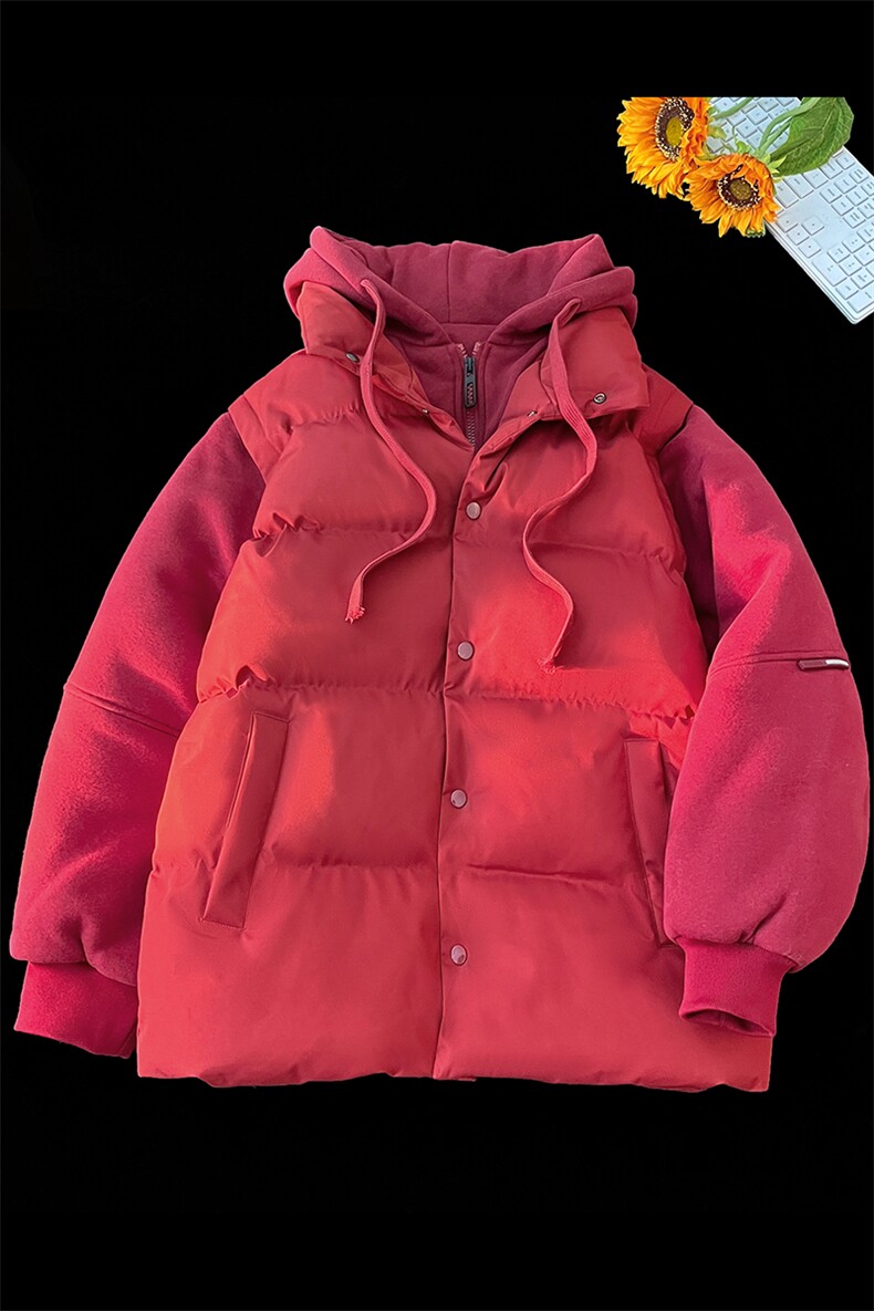 新款假两件棉服男加厚羽绒棉衣情侣款连帽拼色连帽外套M092-P75,男装棉衣,星座1403A