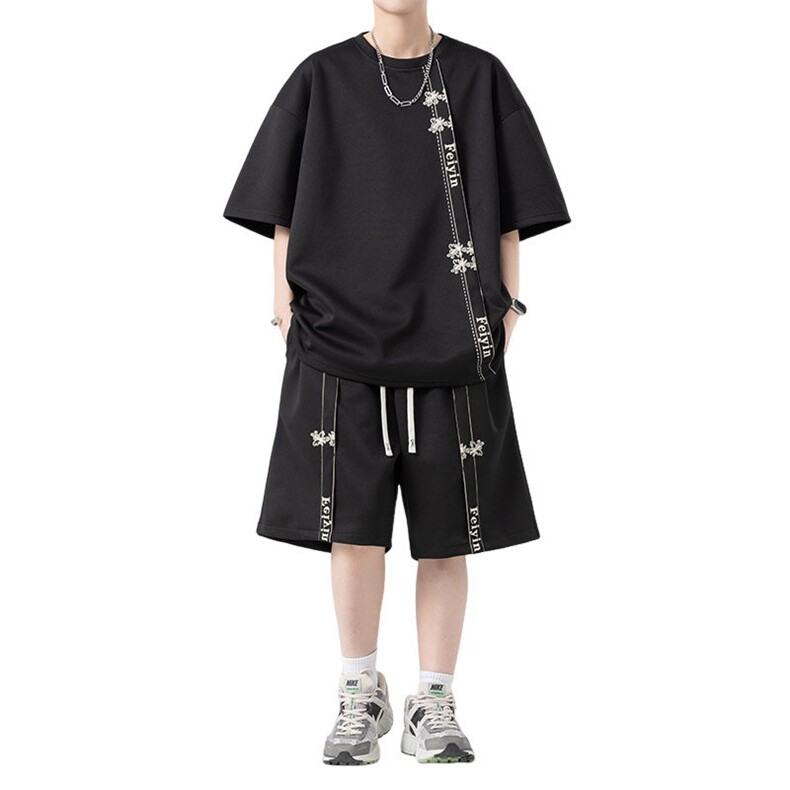 套装男夏季新款港风宽松高级感设计短袖T恤五分裤一套TZ6015特P38,男装T恤,星座301B-2（原A443-1）