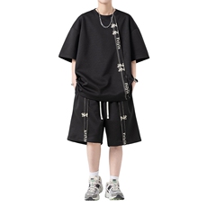 套装男夏季新款港风宽松高级感设计短袖T恤五分裤一套TZ6015特P38，男装T恤，星座301B-2（原A443-1）