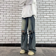 美式vibe潮高街裤子ins潮破洞牛仔裤男宽松直筒阔腿裤N0833-P53，男装牛仔裤，星座308B-1
