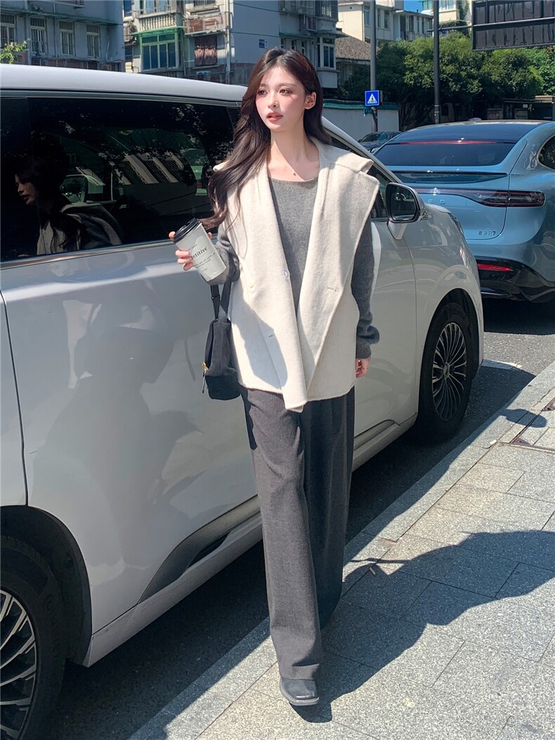 现货主推新款双面羊毛连帽休闲百搭宽松减龄背心马甲,女装毛呢外套,丝露怡语