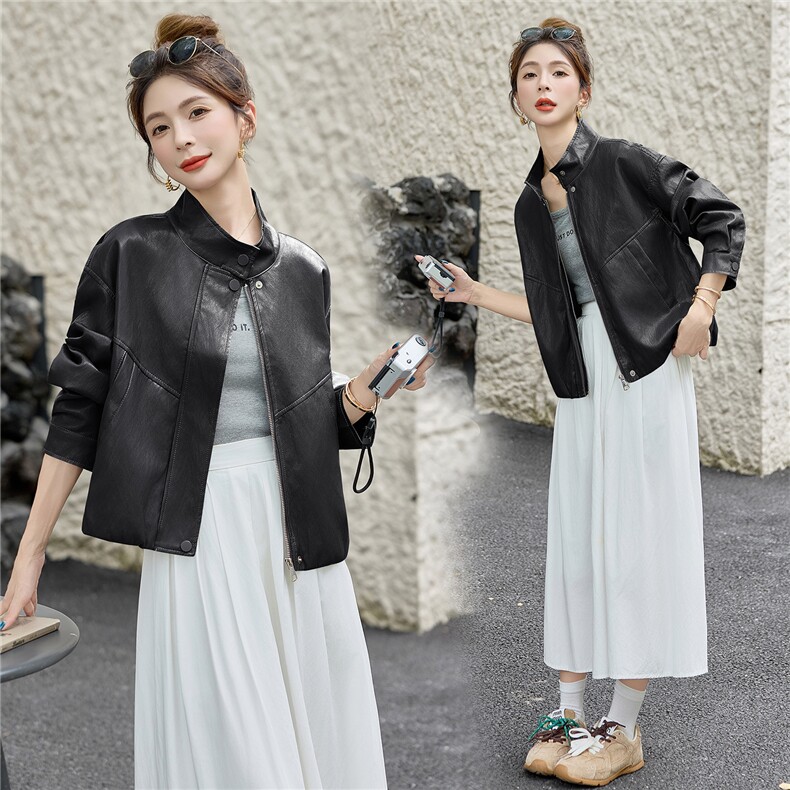 新品现货洋气小皮衣女立领时尚宽松机车服1C115-2539-P120-K258,女装皮衣,吾爱衣