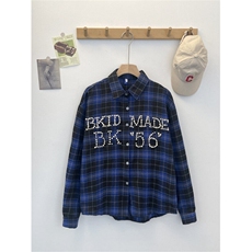 夏季新款珍珠刺绣格子长袖衬衫潮流宽松百搭上衣，男装衬衫，星座410-7