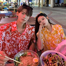 EQ401夏威夷风冰丝衬衫情侣装夏季短袖沙滩旅游度假衬衣男女ins，男装衬衫，电商C306-1