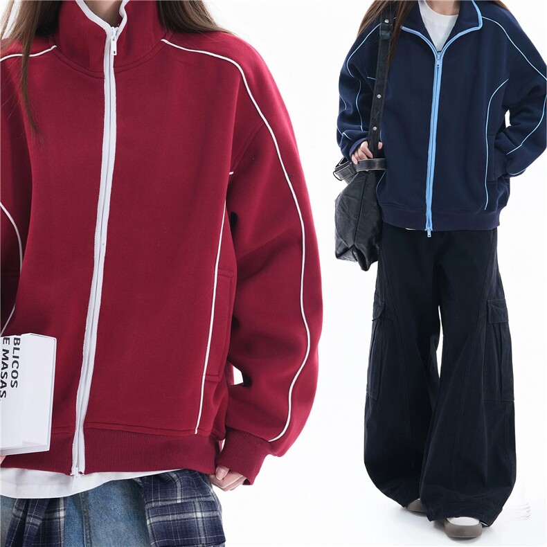 WY851-P65-450克重磅美式街头撞色明线解构开衫卫衣情侣外套,女装短外套,星座1811B