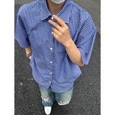 格子衬衫春夏美式短袖衬衫港风情侣装休闲衬衣CS286-P30，男装T恤，星座301C-5
