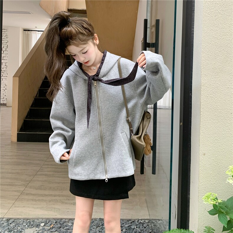 休闲运动格纹连帽卫衣外套女春秋2025新款小个子松弛感上衣巨好看,女装短外套,浙宝208