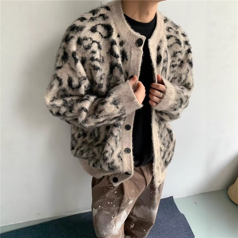 网图美潮高街北极绒豹纹针织开衫毛衣W1823/特P53,男装针织衫/毛衣,电商B350
