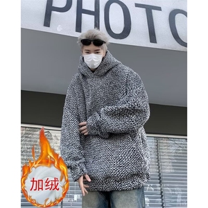 小香风连帽卫衣男2024冬粗花呢宽松长袖上衣WB365-常规45-加绒55图片
