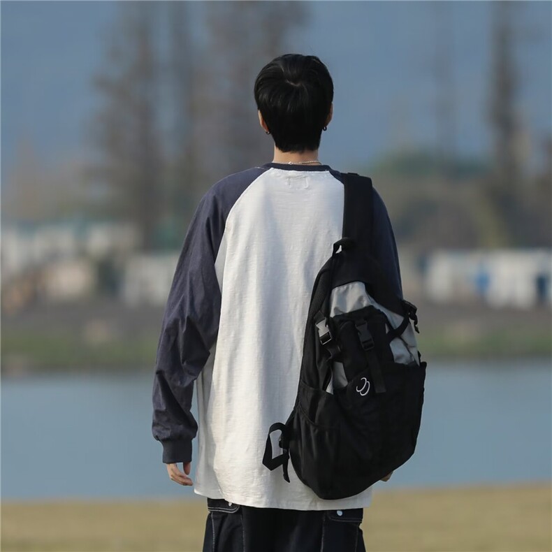 日系复古口袋长袖男春秋新款宽松情侣圆领T恤百搭打底衫T16-5/P38,男装T恤,星座506