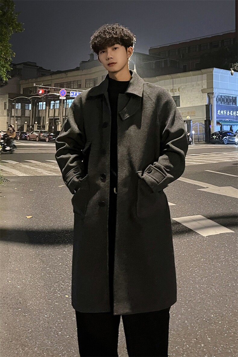 秋冬毛呢大衣男潮深灰色宽松百搭风衣中长款过膝外套MN00330/P135,男装毛呢大衣,电商B316