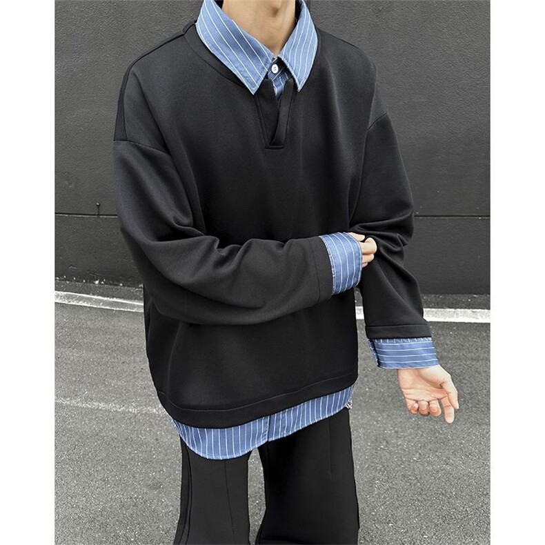 学生春秋日系宽松简约假两件衬衫套头长袖卫衣风上衣情侣装,男装衬衫,星座506A