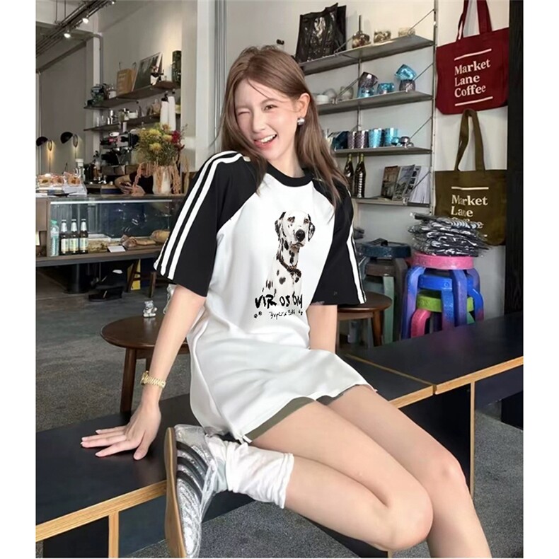 抖音得物品质二开240克宽松纯棉美式潮牌插肩三杠织带短袖T恤图片