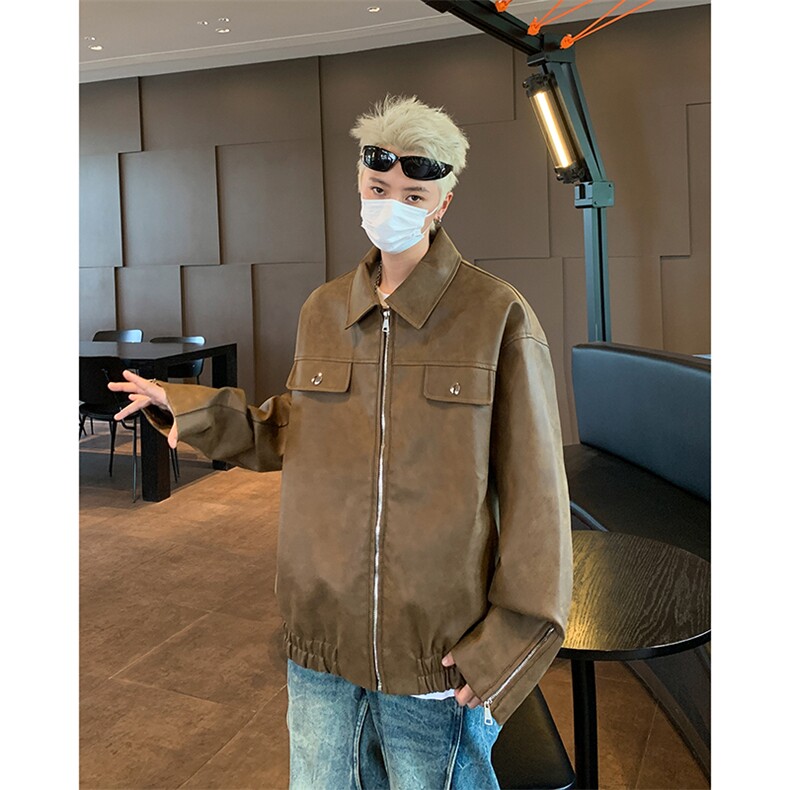 美拉德棕色皮衣外套男美式复古炸街设计感拉链宽松机车痞帅皮夹克,男装夹克,星座410-6（原星座1304-1）