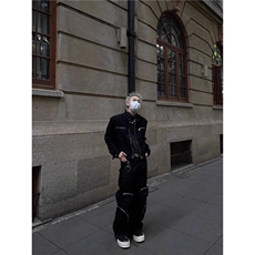 美式复古双拉链设计纽扣立领牛仔夹克外套男女秋季宽松休闲上衣潮，男装工装外套，四季星座505