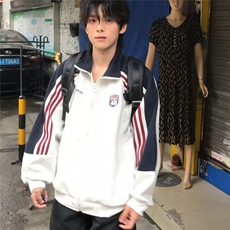 美式条纹休闲夹克男春潮牌字母印花外套vibe高街百搭情侣开衫上衣，男装夹克，星座506A
