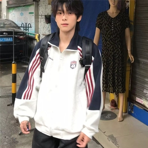 美式条纹休闲夹克男春潮牌字母印花外套vibe高街百搭情侣开衫上衣图片