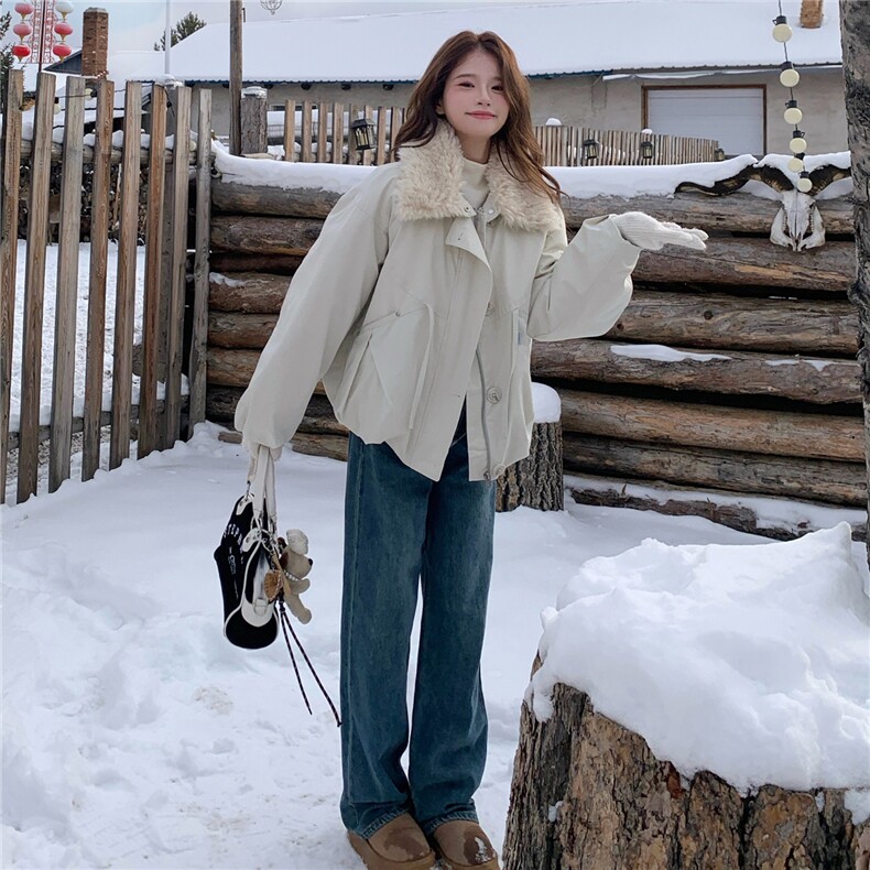 羊羔毛翻领加厚保暖派克服女冬小个子洋气减龄外套,女装派克服,2C225