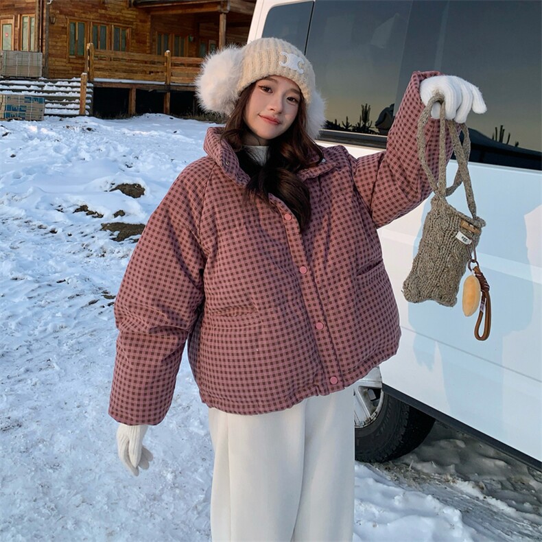 粉色甜美温柔风减龄格子立领羽绒服2025冬季氛围感加厚白鸭绒外套,女装羽绒服,2C090
