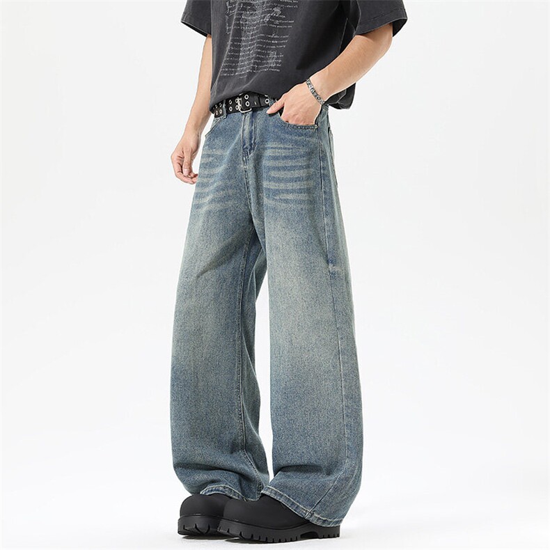 高街水洗复古蓝弯刀牛仔裤男美式宽松直筒百搭阔腿长裤子，男装牛仔裤，星座302A-2