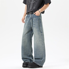 高街水洗复古蓝弯刀牛仔裤男美式宽松直筒百搭阔腿长裤子，男装牛仔裤，星座302A-2