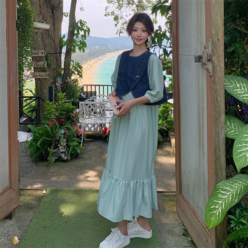 夏季新品设计感复古牛仔马甲＋连衣裙两件套1802P165K248,女装连衣裙,2C285