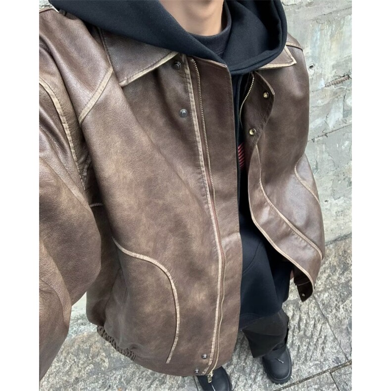 秋季百搭美式翻领夹克外套怀旧街头复古擦色做旧皮衣PU皮W9289,男装夹克,星座1116A-1（原606A）