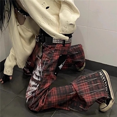 B5104-P53格纹毛边乞丐拼接印花裤修身潮牌造型男休闲裤潮流，男装休闲裤，电商B323A