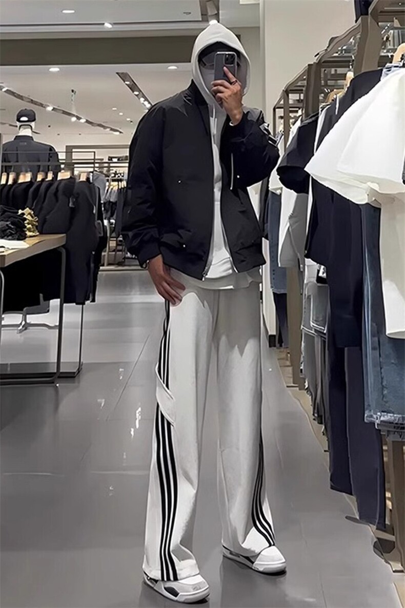 美式复古三条杠条纹裤子男春秋款花灰色卫裤直筒垂感阔腿休闲长裤,男装休闲裤,星座908-1