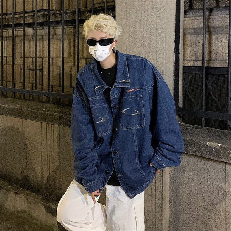 男装牛仔外套2026秋季几何绣标印花男生翻领夹克XZ514-2-N98-P88,男装工装外套,星座514-2(原B239)