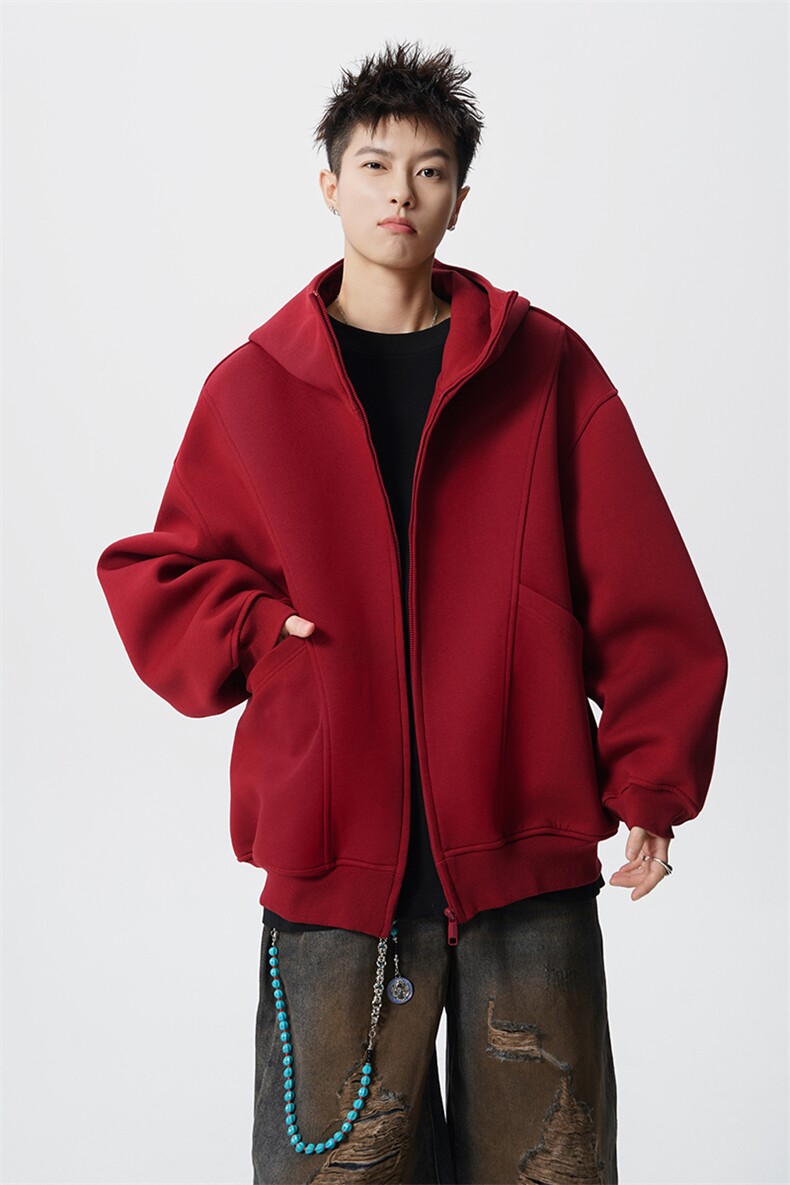 8XL-M休闲复古潮美式重磅连帽宽松安克拉红色卫衣外套WY34P8,女装短外套,电商D206-1