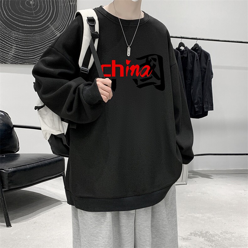 华夫格卫衣圆领卫衣男大码长袖t恤男外套HW76189-P30加绒款-P40,男装卫衣,电商A040