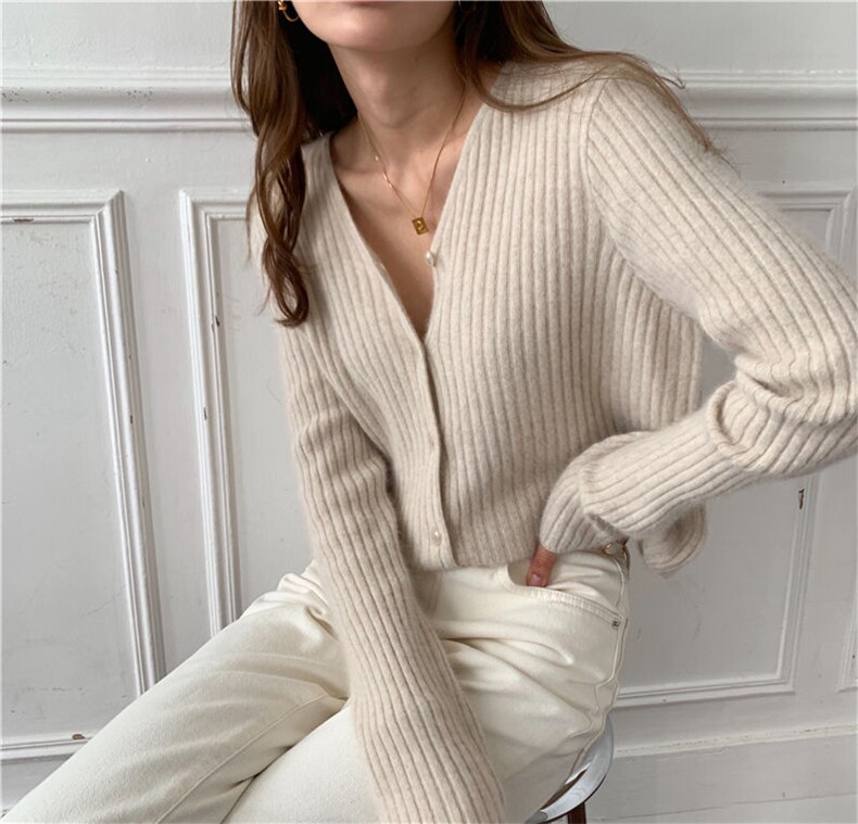 V领百搭加厚纯毛竖条开衫慵懒风纯色针织外套，女装羊毛衫，欣美羊绒