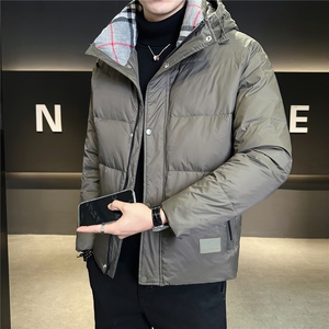 8825-L-4XL-P225标50绒店主风男士休闲连帽拼接格子羽绒服外套图片