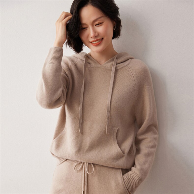 秋冬新款洋气时尚百搭显瘦女款35%山羊绒帽衫,女装羊绒衫,艾巧羊绒