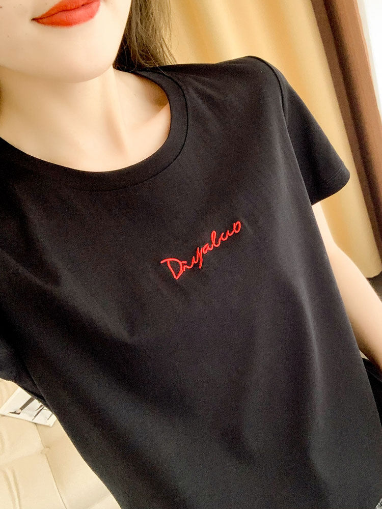 夏季圆领短袖女短款丝光棉t恤宽松韩版字母刺绣精梳纯棉体恤上衣,女装T恤,元素羊绒