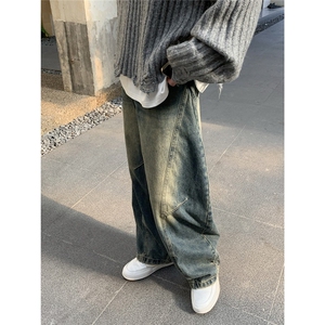 街头艺术复古做旧乞丐裤秋冬新款弯刀牛仔裤男图片