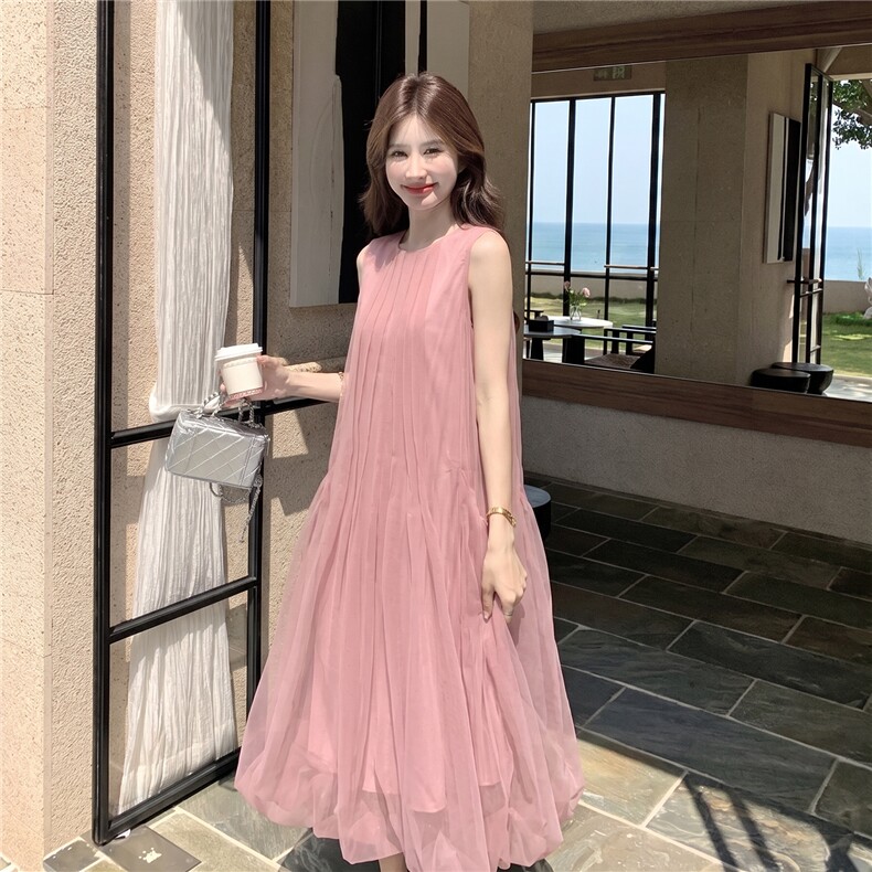 新款主推夏季欧根纱无袖显瘦复古仙女连衣裙2247-P140-K219,女装连衣裙,网红馆