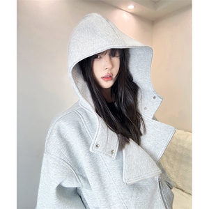 抖音得物品质 26春装美式重磅结构斜拉链高领连帽卫衣开衫外套W61图片