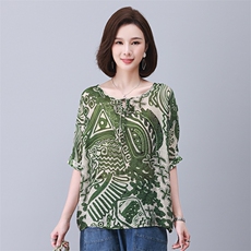 时尚宽松印花系绳短袖上衣舒适百搭显瘦女装衬衫，女装衬衫，叶笙衣