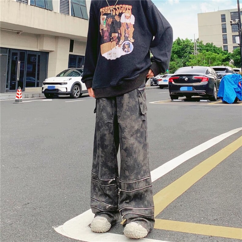 复古烟灰色微喇裤高街美式vintage裤子潮牌男水洗1393-P83,男装休闲裤,星座910-5