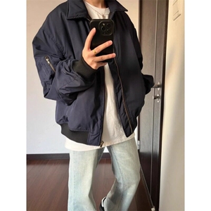 藏青色美式复古飞行员夹克翻领工装外套短款棒球服JK016特P53