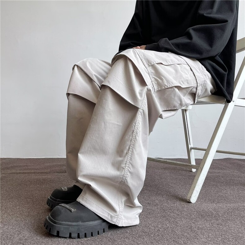 小众解构垂坠感美式街头阔腿裤设计感打褶高级休闲长裤男U39/P50，男装休闲裤，星座506