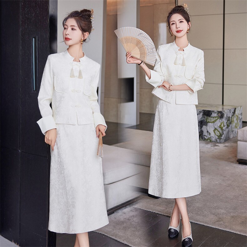 2024年春季中式文艺套裙袖口门襟流苏小外套压绉纯色印花裙子，女装套装/套裙，韩宇舍