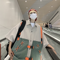夏季潮流宽松假两件半袖T恤美式工装衬衫潮牌ins短袖W3434-P52，男装衬衫，星座512-2