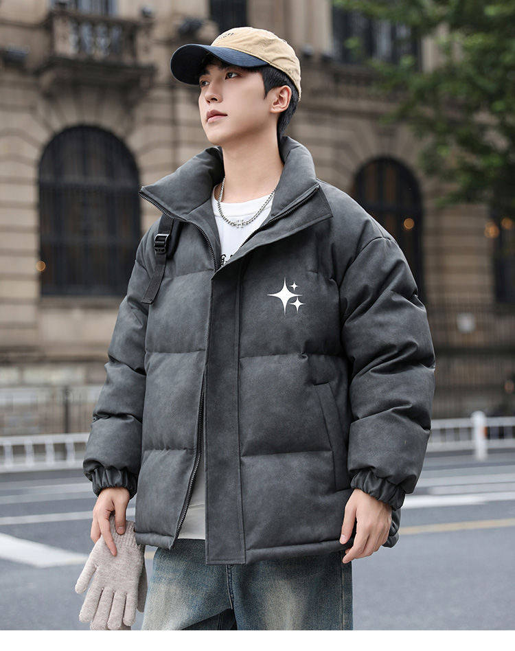 港风冬季新款棉衣男印花宽松pu皮立领面包服大码外套男my625-p128